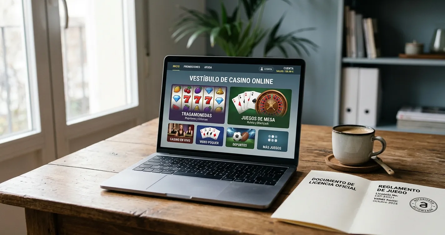 mejores casinos sin licencia en España 2026 escritorio con portátil y documento